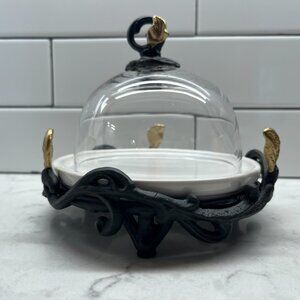 BRAND NEW! Gold Leaf Ceramic and Metal Tidbit Butter Dish with Glass Dome